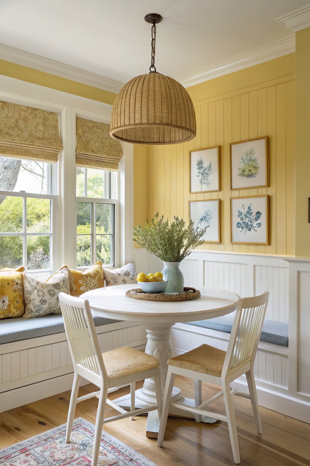 Breakfast nook with pale yellow shiplap walls, white pedestal table, rattan chairs, window seat cushions, and woven pendant light