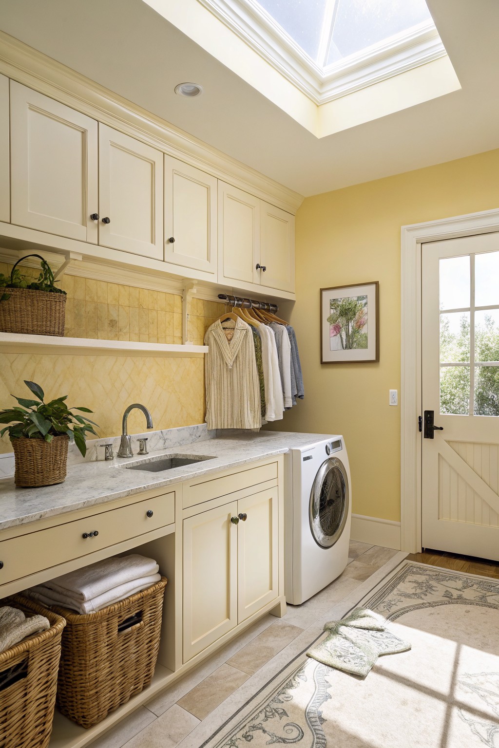Cozy laundry room with pale yellow walls, creamy white cabinets, marble sink counter, white washer, hanging rod with clothes, skylight above, potted plants, and wicker baskets on tile floor