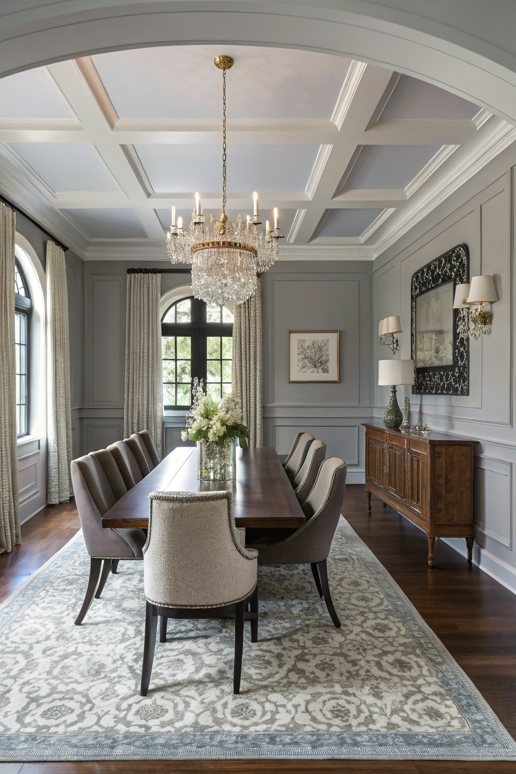 Elegant dining room with soft gray walls, coffered ceiling, crystal chandelier, dark wood table, and white flowers in glass vase