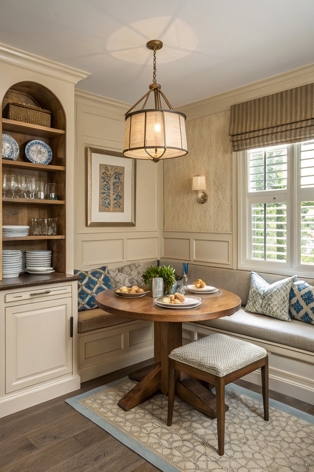 Cozy breakfast nook with soft greige walls, creamy cabinets stocked with dishes, round wood table set with pastries and flowers, bench seating in blue pillows, warm pendant light overhead
