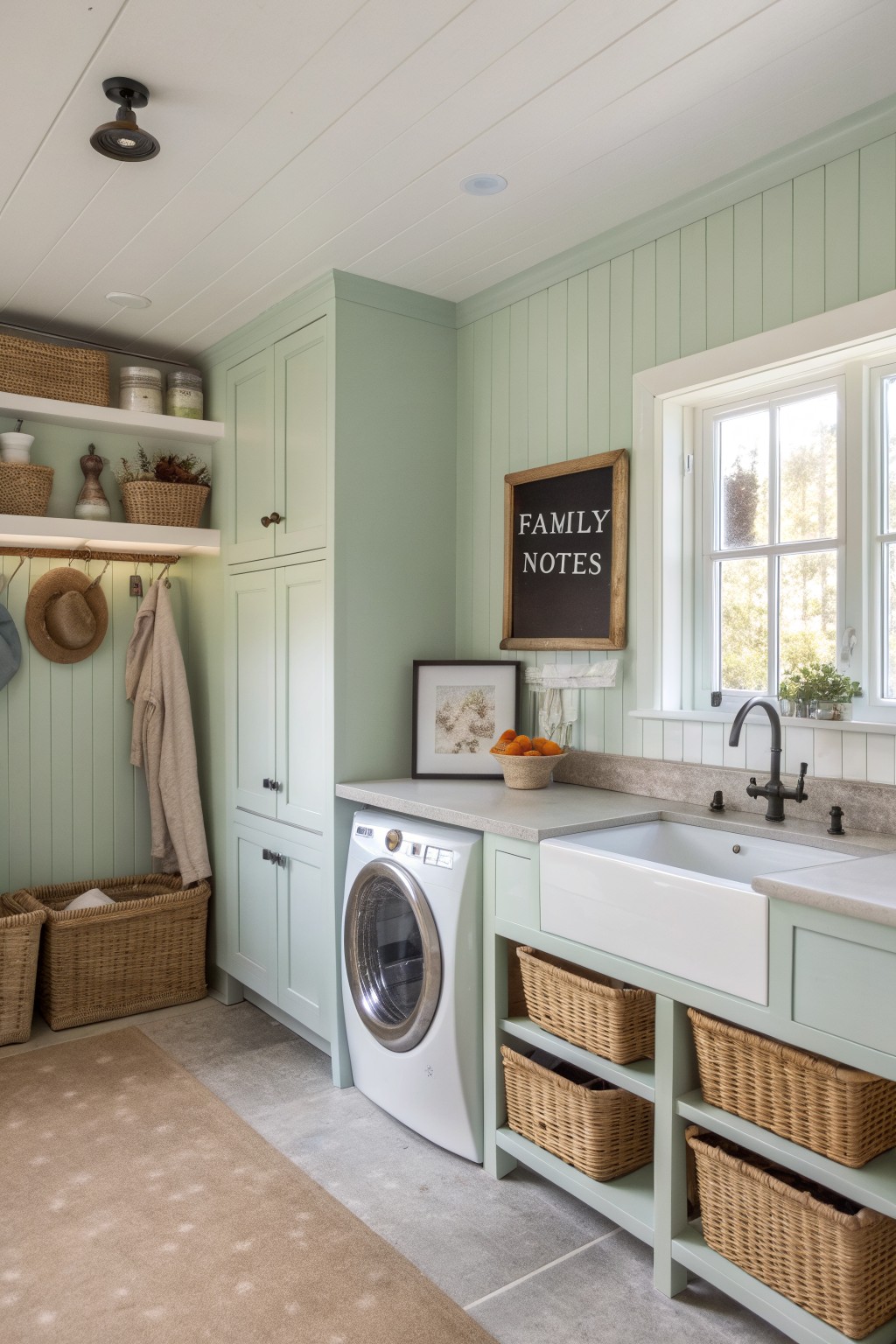 Laundry room with pale sage green shiplap walls and matching cabinets around a white washer and farmhouse sink
