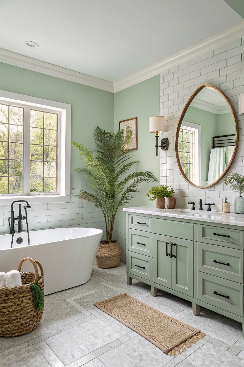 Bright bathroom with pale sage green walls and matching double vanity, white subway tile backsplash, freestanding tub, gold-framed oval mirror, and potted palms