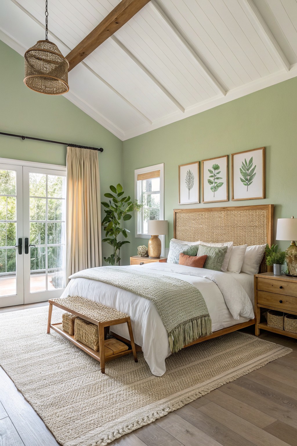 Bedroom featuring pale sage green walls, rattan bed frame, woven accents, potted plants, and sliding doors to outdoors