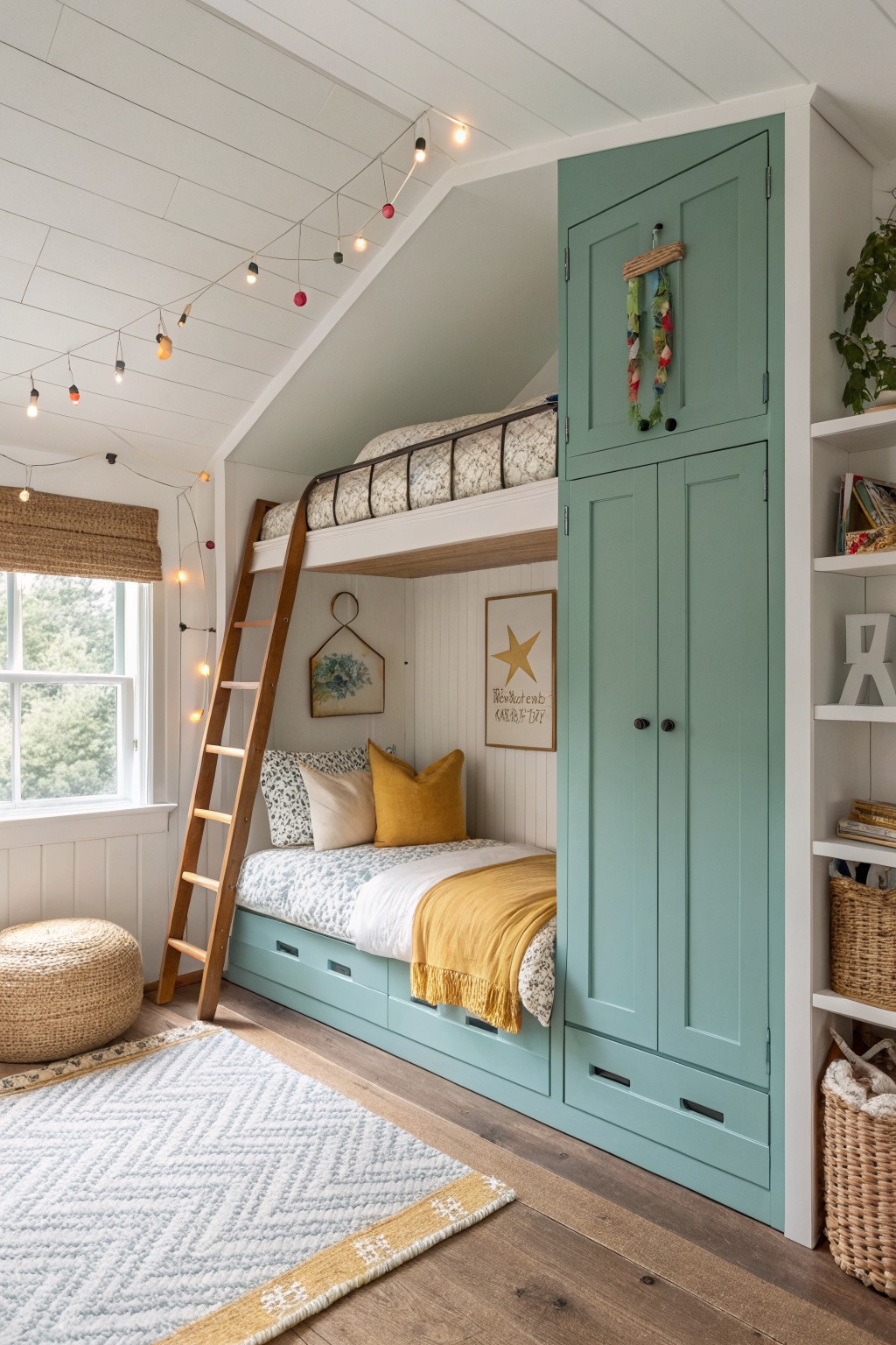 Kids' bunk room featuring soft teal painted wardrobe and bed frame integrated into white walls, with wooden ladder and warm accents