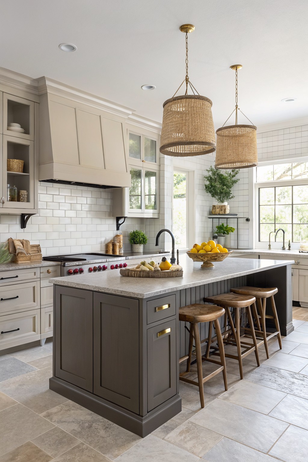 Bright kitchen with warm greige upper cabinets and hood, dark gray island, white subway tile backsplash, rattan pendant lights over the island, and wood barstools