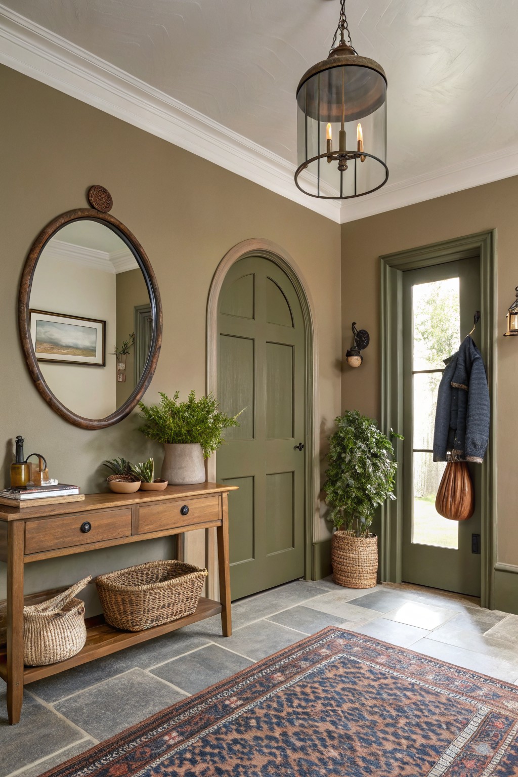 Cozy entryway corner with warm greige walls, wooden console table holding plants and baskets, sage green arched door with hanging coat and bag, brass lantern overhead, and patterned rug on slate floor
