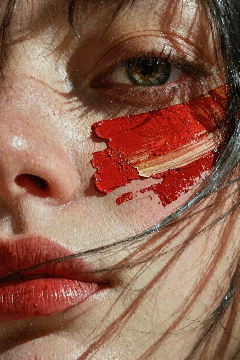 Close-up of a woman's damp face with green eye, red lips, dark hair strands, and thick textured red paint smeared across cheek and brow.