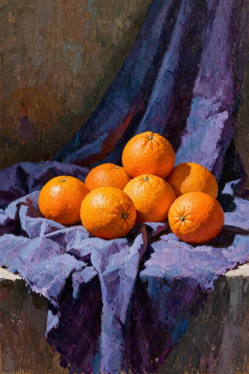 Oil painting of oranges piled on folded purple fabric against a textured brownish background.