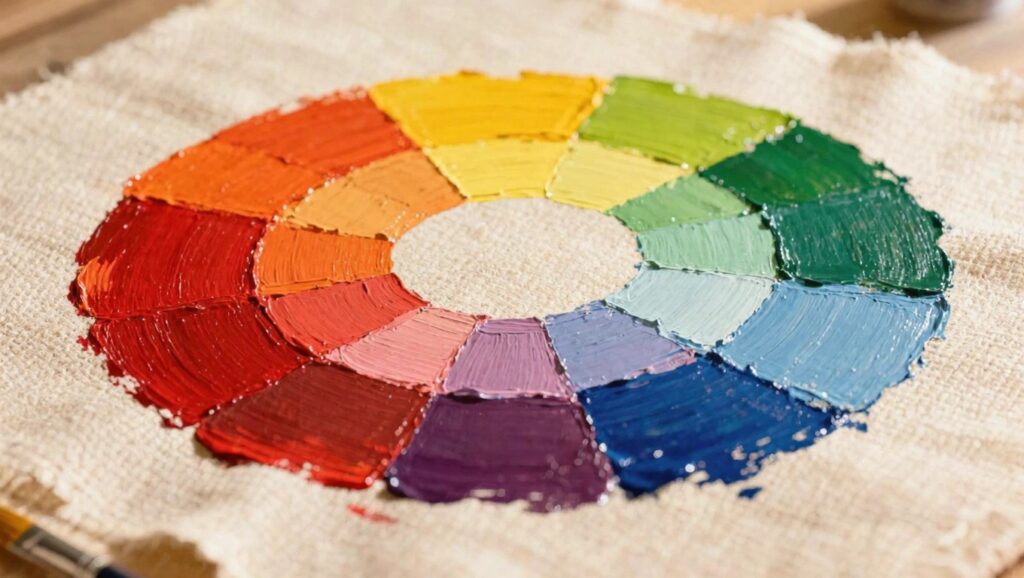 A circular color wheel of thick oil paint strokes in a full spectrum from blue to red on textured canvas.