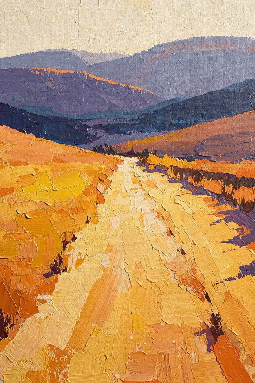 Oil painting of a textured yellow path winding through golden fields toward distant purple and blue mountains.