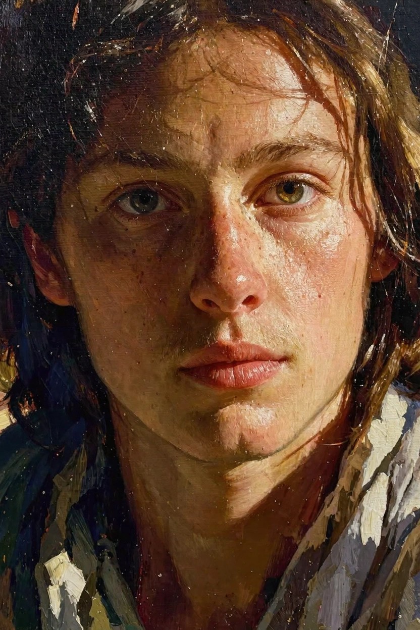 Close-up oil portrait of a young man with wet tousled hair, freckles, green eyes, and textured shirt collar under side lighting.