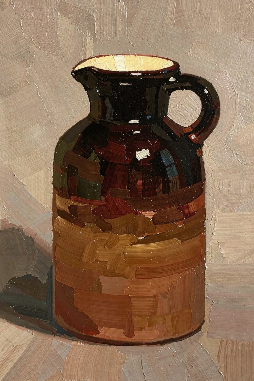 Oil painting of a glossy dark brown ceramic jug with warm banded tones on a textured beige background.