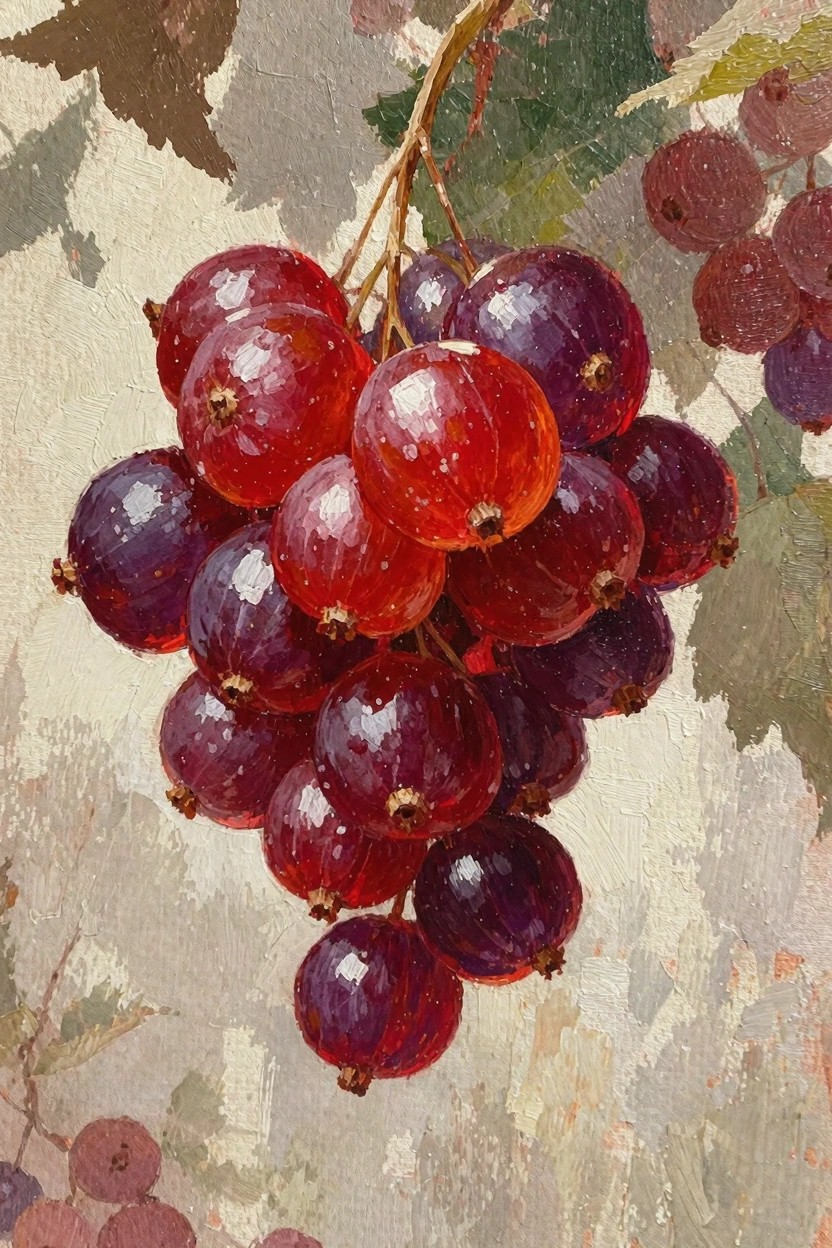 Oil painting of a cluster of red currants with glossy highlights, hanging from a stem amid green leaves on a textured beige background.