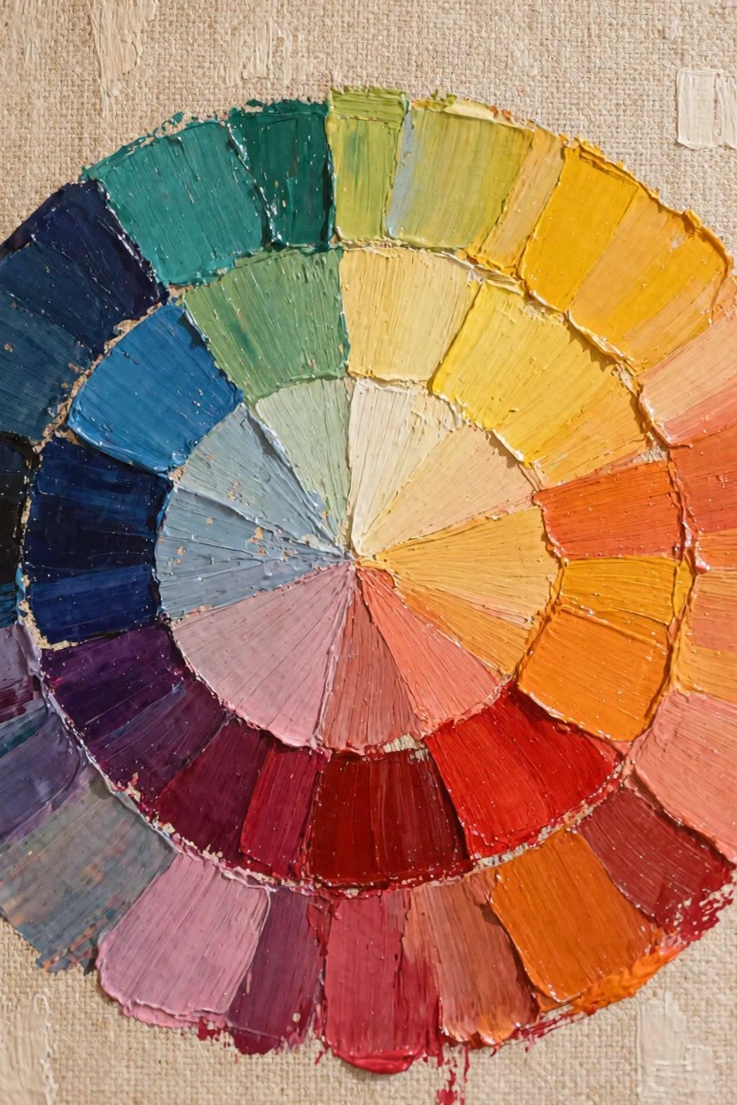 A circular color wheel of thick oil paint strokes in a full spectrum from blue to red on textured canvas.