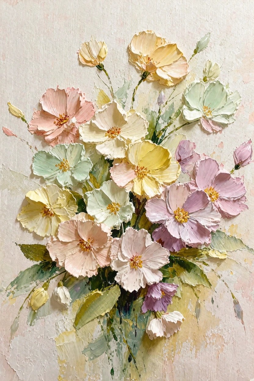 Textured oil painting of a loose bouquet of pastel yellow, pink, green, and lavender flowers on a light beige background.