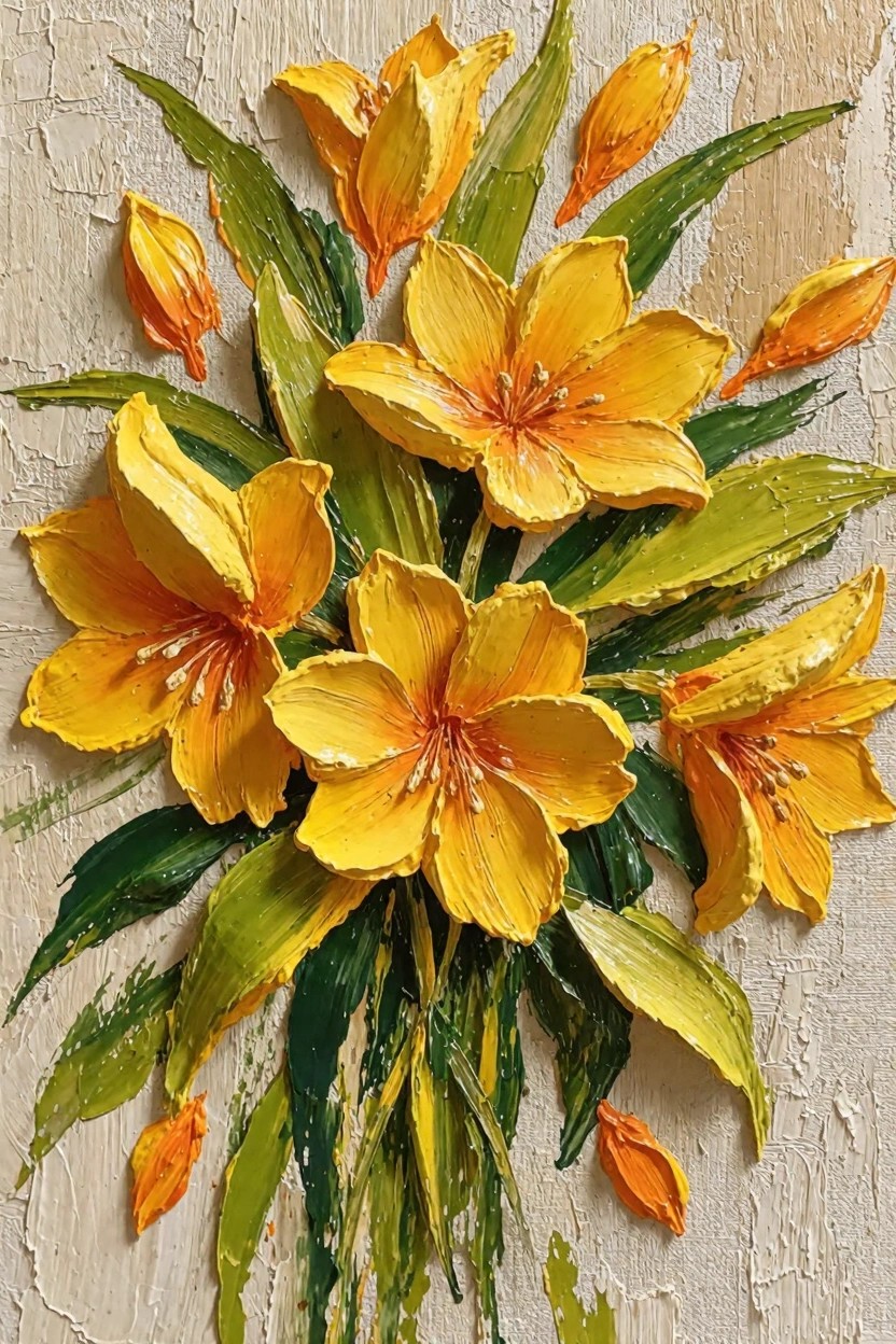 Textured oil painting of clustered yellow lilies and green leaves on a rough beige background.