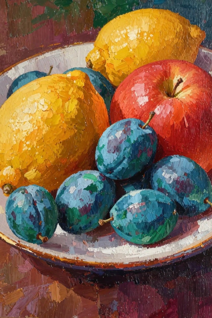 Oil painting of yellow lemons, blue-purple plums, and a red apple piled on a white plate against a dark background.