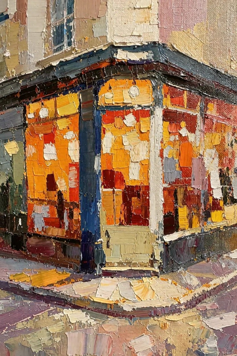Impasto oil painting of a warmly lit corner shop on a dimly lit street corner with orange windows contrasting blue and purple tones.