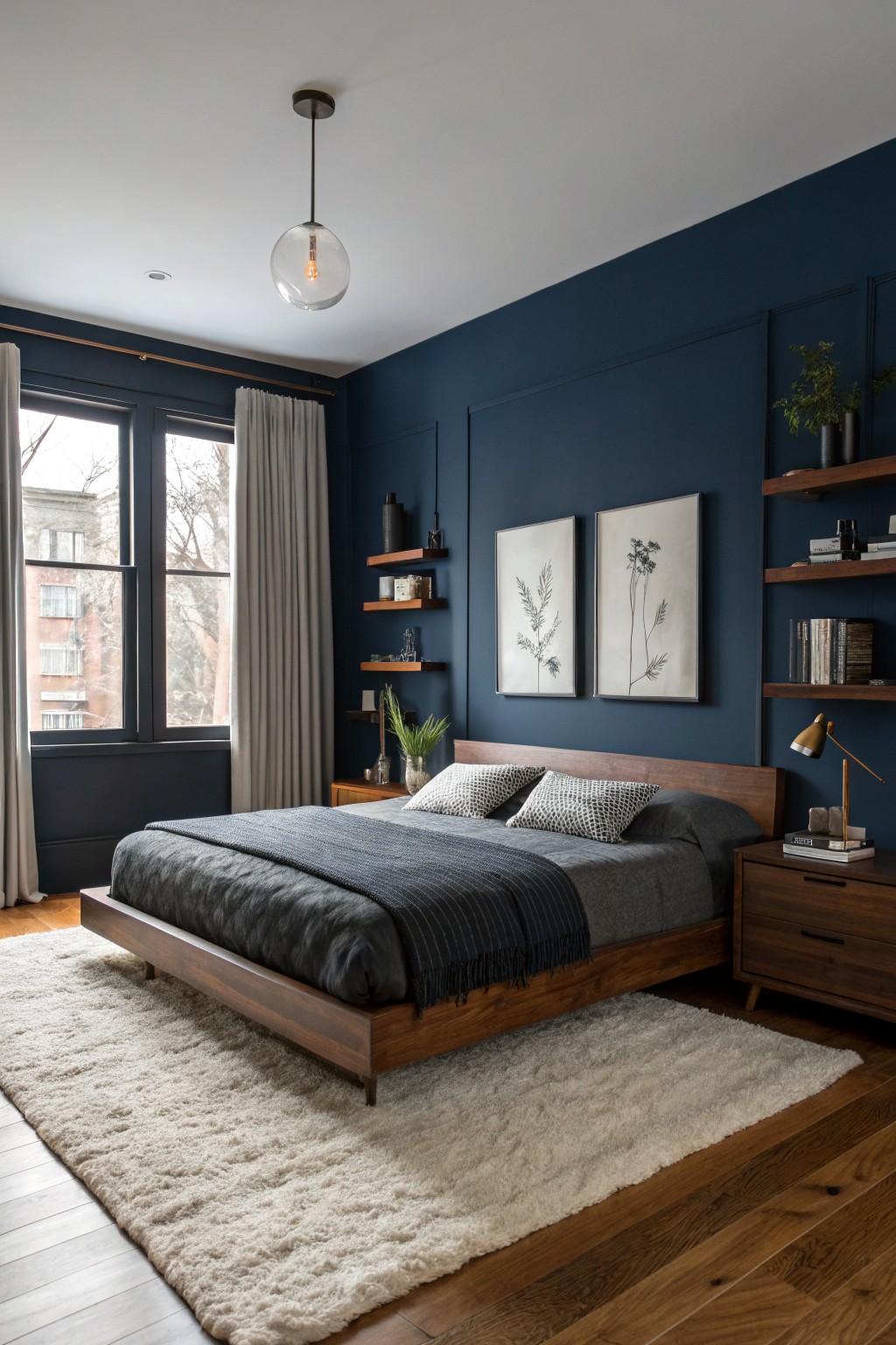 Cozy bedroom featuring deep navy walls, a low wood platform bed with gray linens, white shag rug, and floating shelves with plants and art.