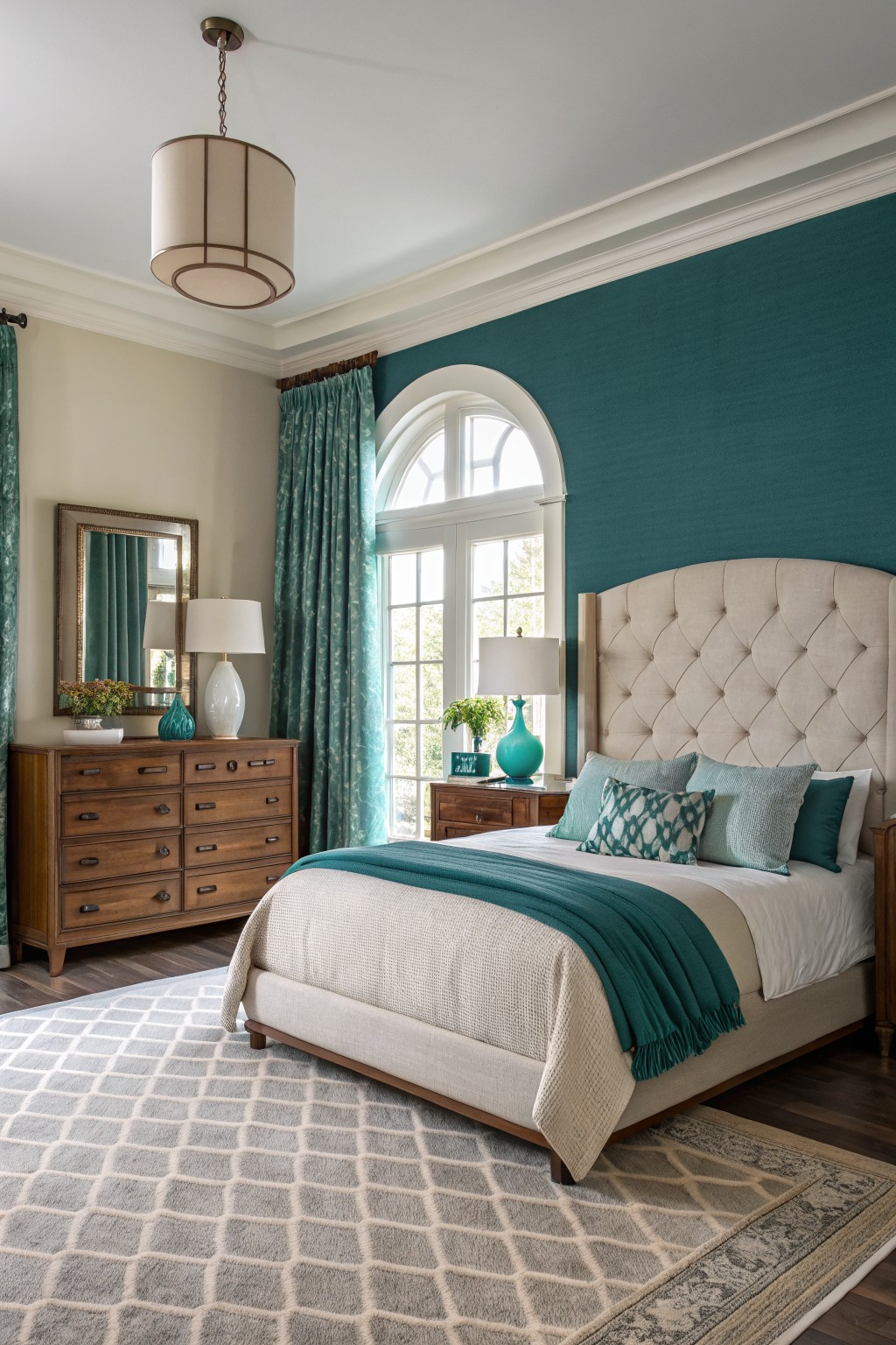 Bedroom interior with deep teal accent wall, cream upholstered bed, wooden furniture, and arched window letting in natural light