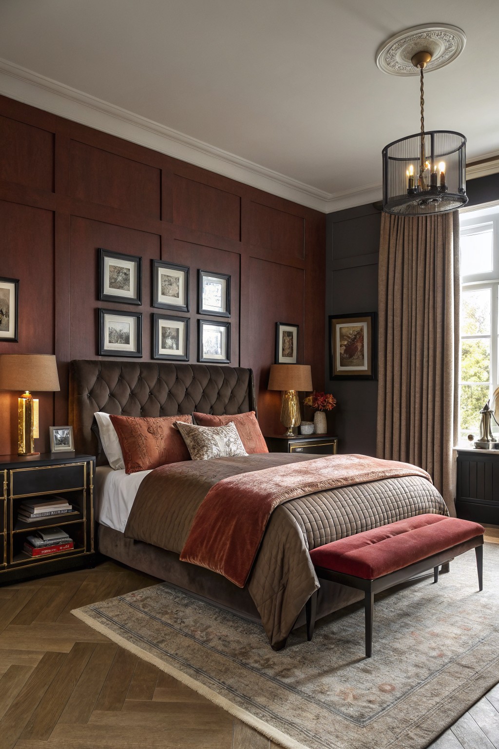 Bedroom featuring deep warm brown paneled walls, tufted brown bed with rust bedding, gold lamps, and wood floors