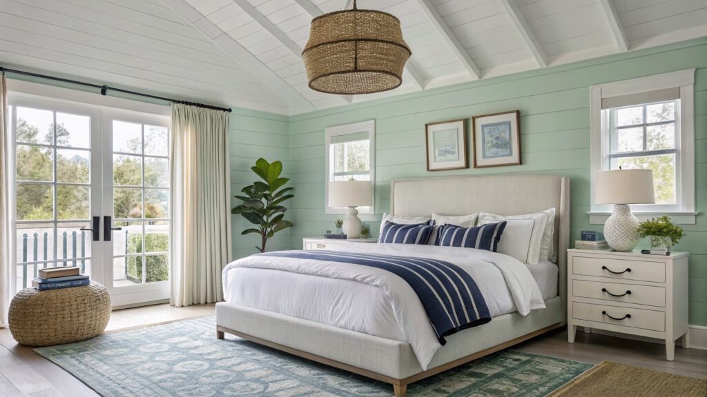 Bedroom featuring pale mint green walls under a white shiplap ceiling with rattan pendant light and tufted bed.