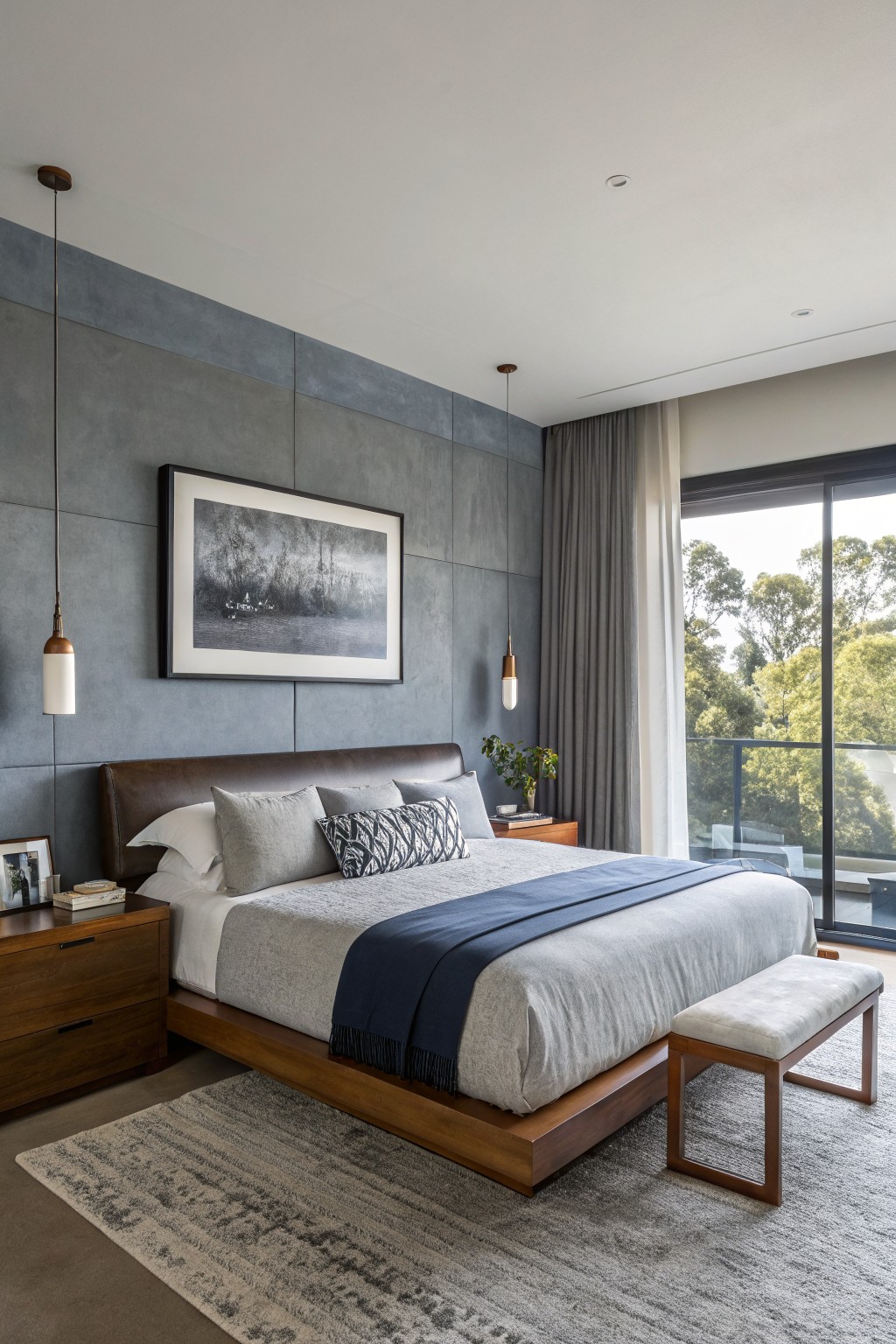 Serene bedroom with textured gray concrete accent wall, low wooden platform bed draped in gray linens, pendant lights, and large windows overlooking greenery