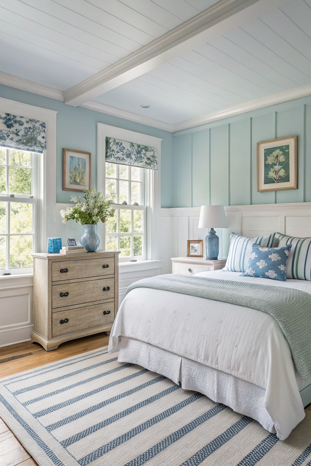 Bedroom with pale blue-green paneled walls, white trim, wood bed and dresser, blue pillows, and striped rug