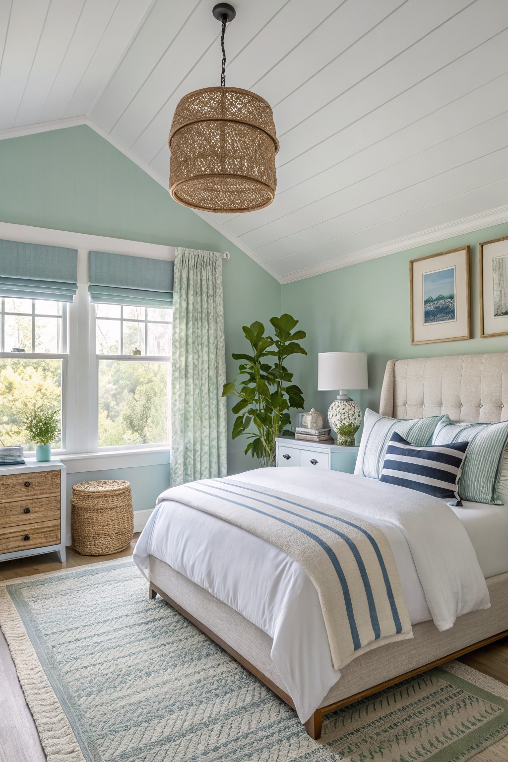 Bedroom featuring pale mint green walls under a white shiplap ceiling with rattan pendant light and tufted bed.