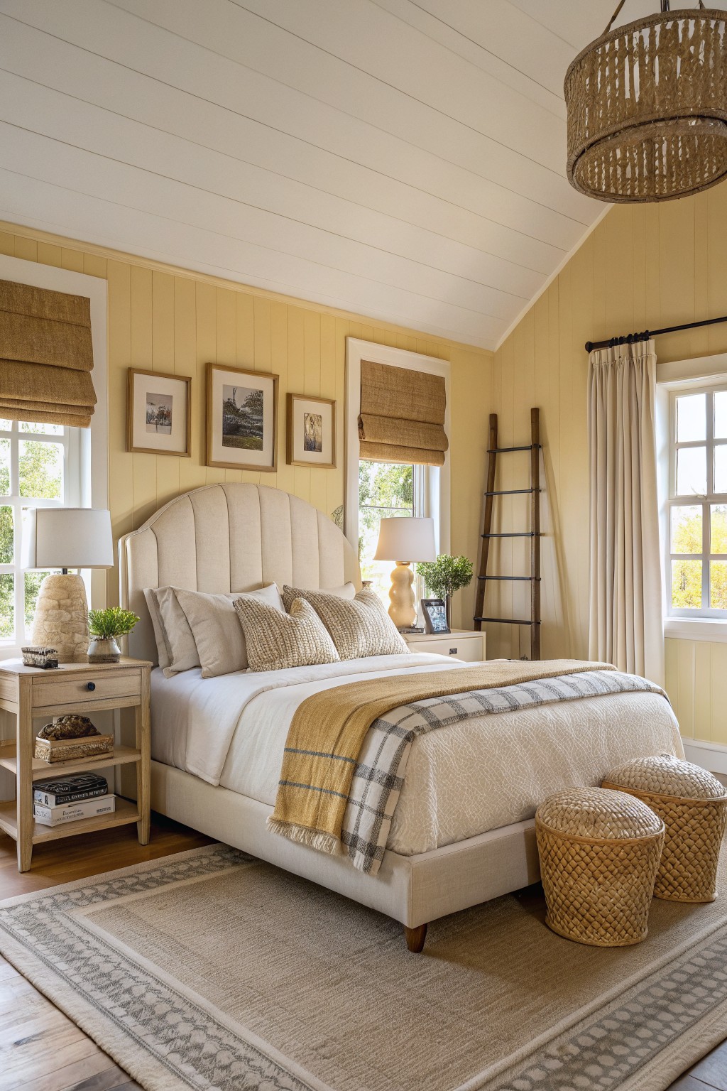 Cozy bedroom with pale yellow board-and-batten walls, white shiplap ceiling, tufted headboard bed layered in creams and yellows, woven pendant light, and natural texture accents