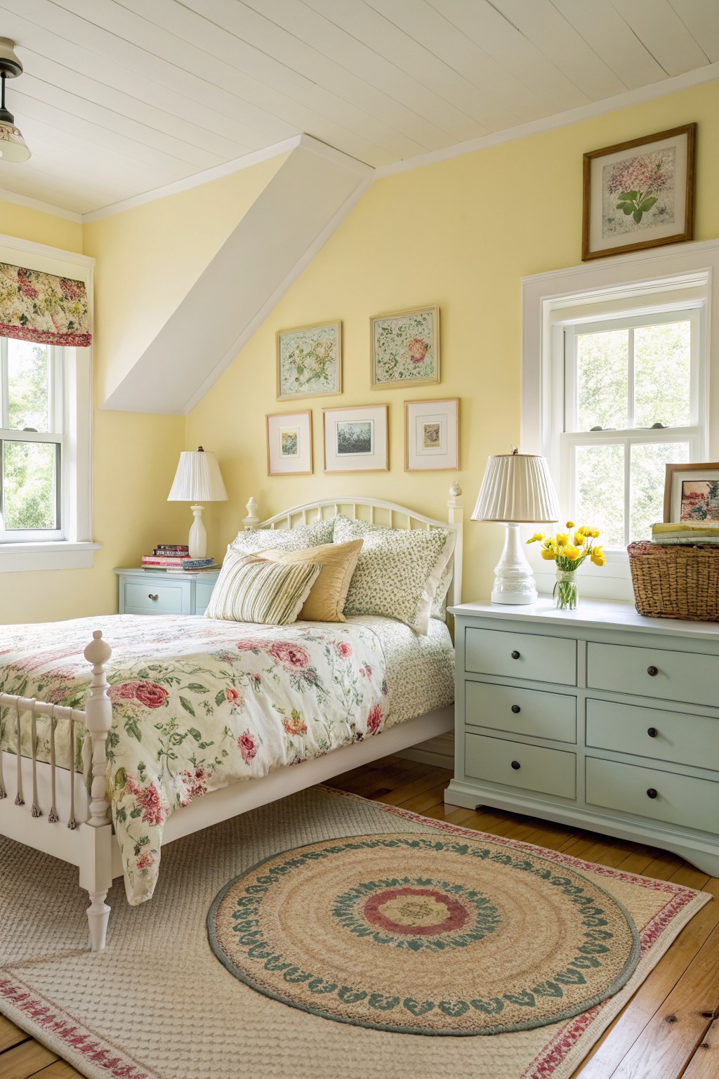 Bedroom with pale yellow walls, sloped white ceiling, floral bedding on iron bed frame, and blue dresser by window