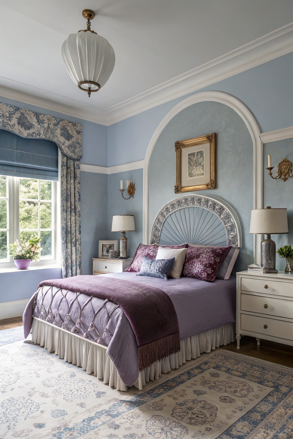Light blue bedroom walls with white arched headboard, purple bedding, blue floral drapes, and cream rug
