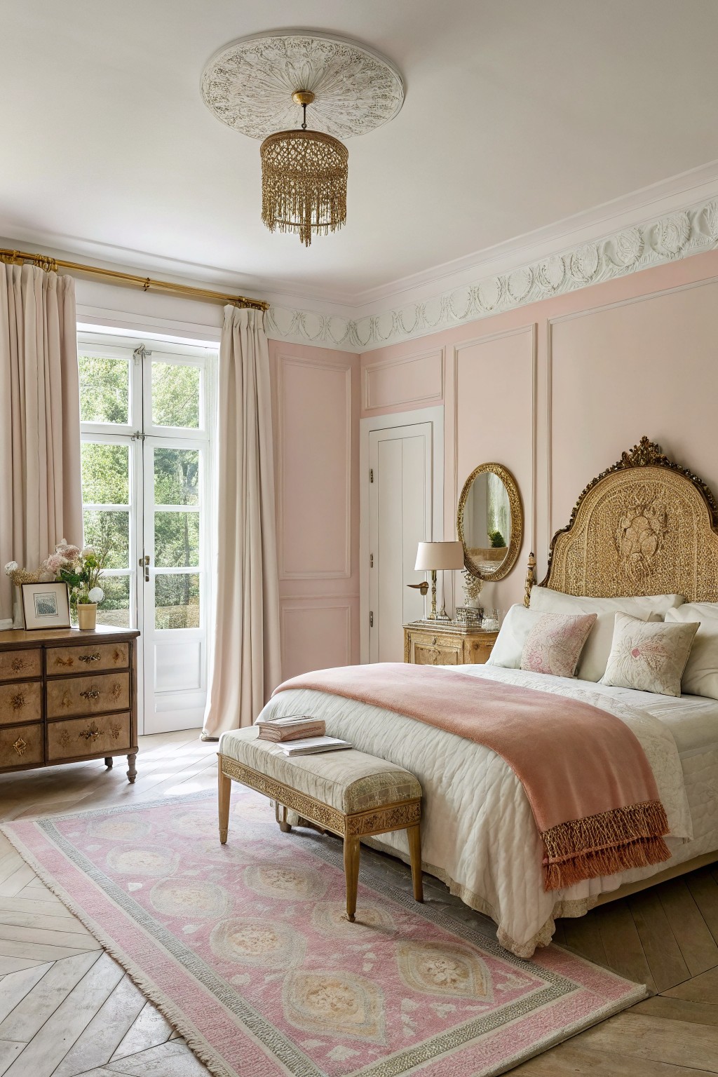 Bedroom interior with pale pink paneled walls, gilded carved headboard, antique dressers, pink rug, and French doors with sheer curtains overlooking trees