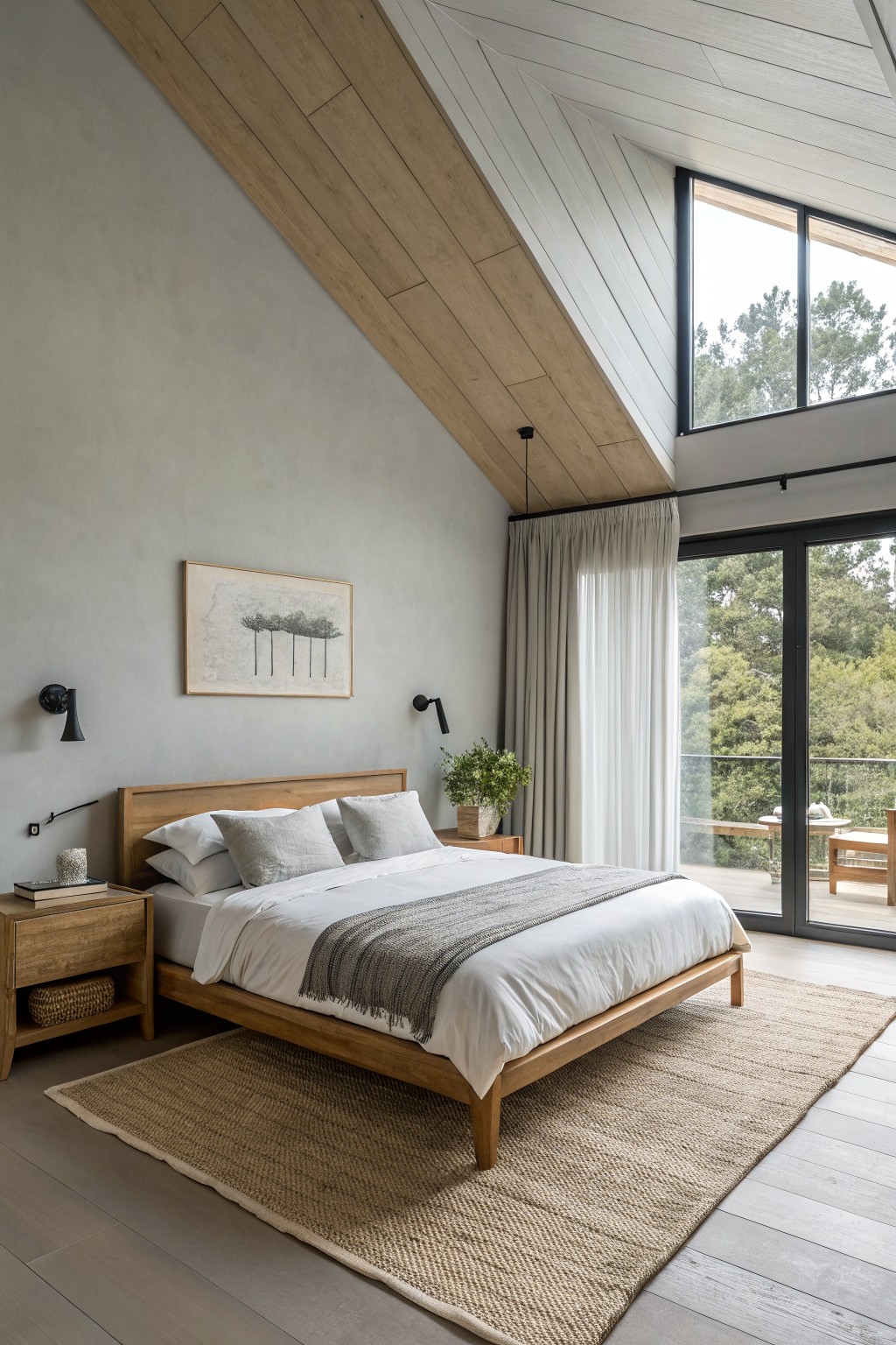Bedroom interior with soft greige walls, wooden bed frame, neutral linens, seagrass rug, large glass doors to balcony with trees outside