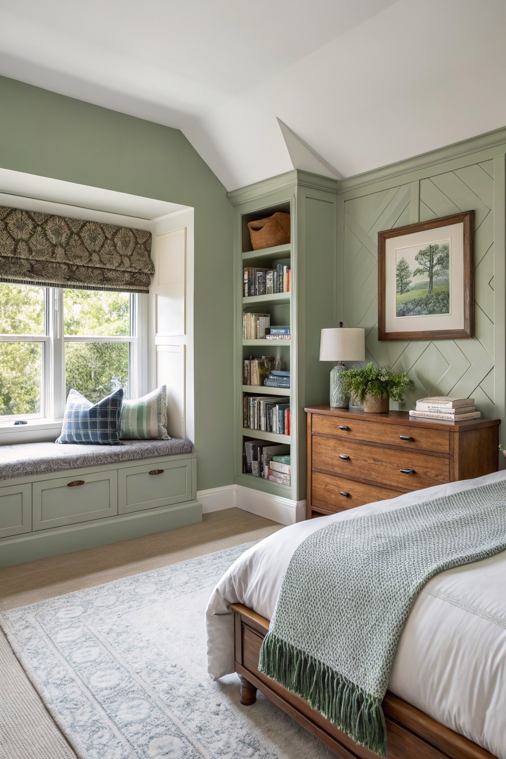 Cozy bedroom featuring pale sage green walls with paneled accents, a window seat with cushions, built-in bookshelves, wooden dresser and bed frame, layered white bedding with green throw, and a landscape painting.