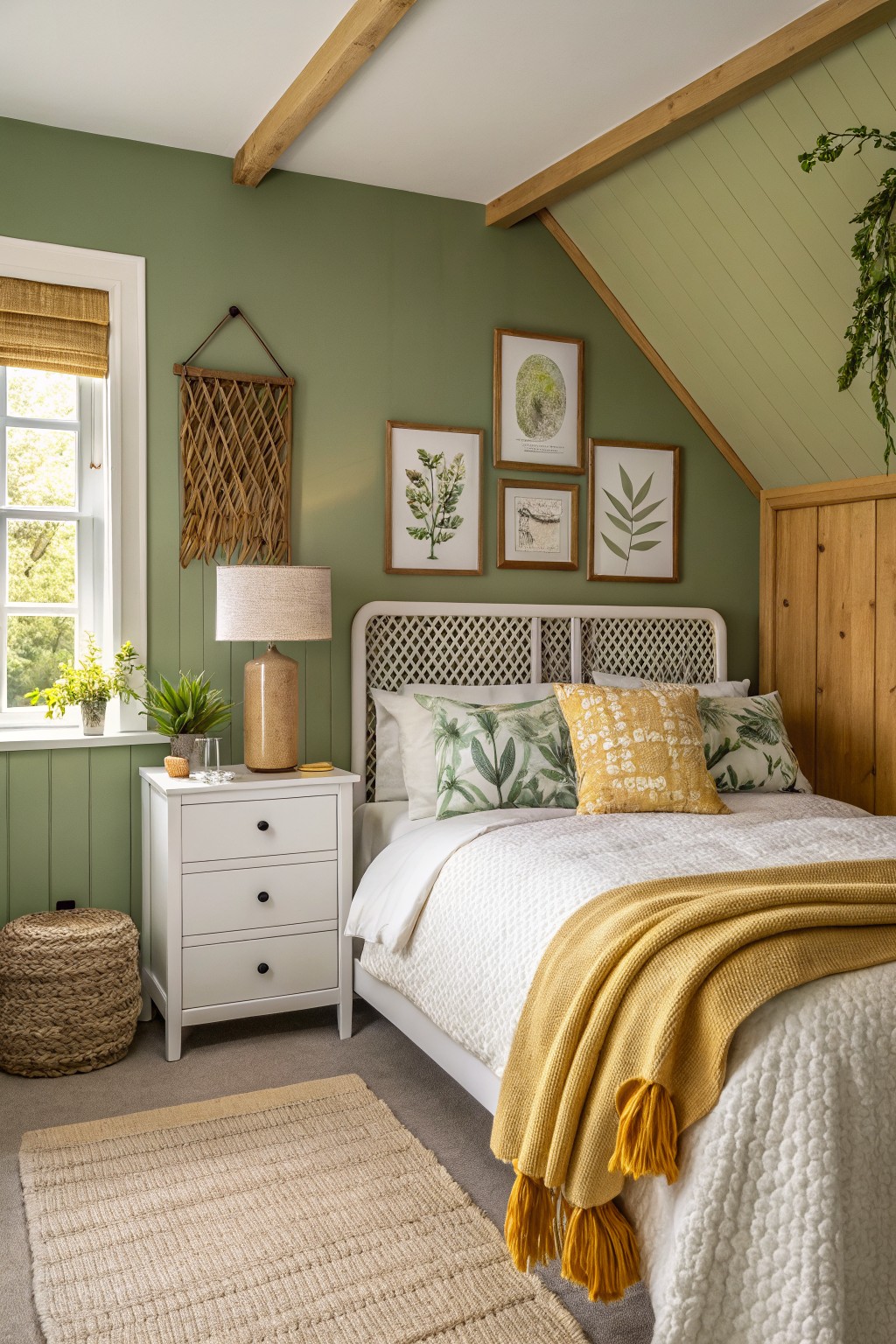 Attic-style bedroom with pale sage green walls, white rattan bed frame, botanical prints, layered pillows in green and yellow, and wood accents.