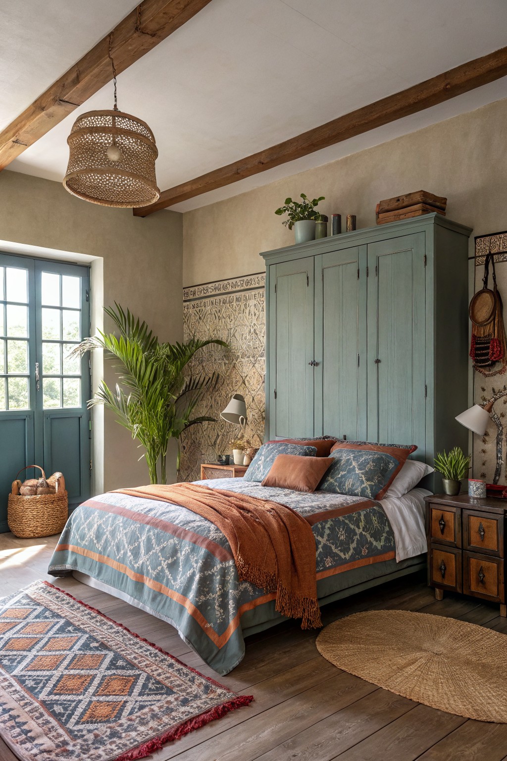 Cozy bedroom featuring warm greige walls, exposed wood beams, teal armoire, orange bedding, potted plants, and woven rug on hardwood floors