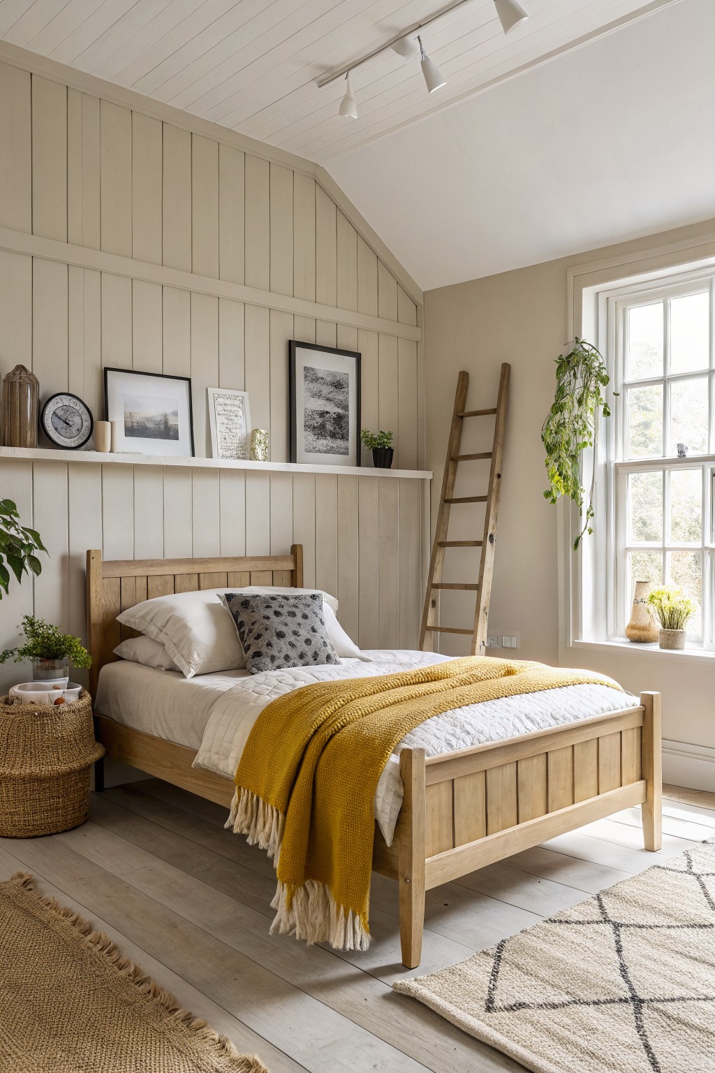 Bedroom with soft greige shiplap walls, oak bed draped in yellow throw, leaning ladder, plants, and neutral accents