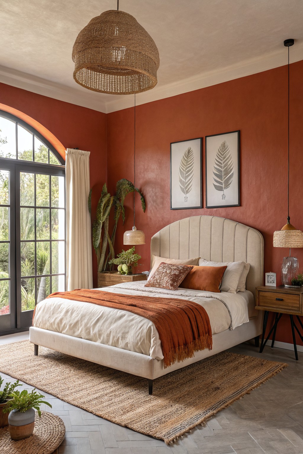 Cozy bedroom featuring warm terracotta walls, tufted beige headboard, orange throw blanket, potted plants, and arched window with greenery view