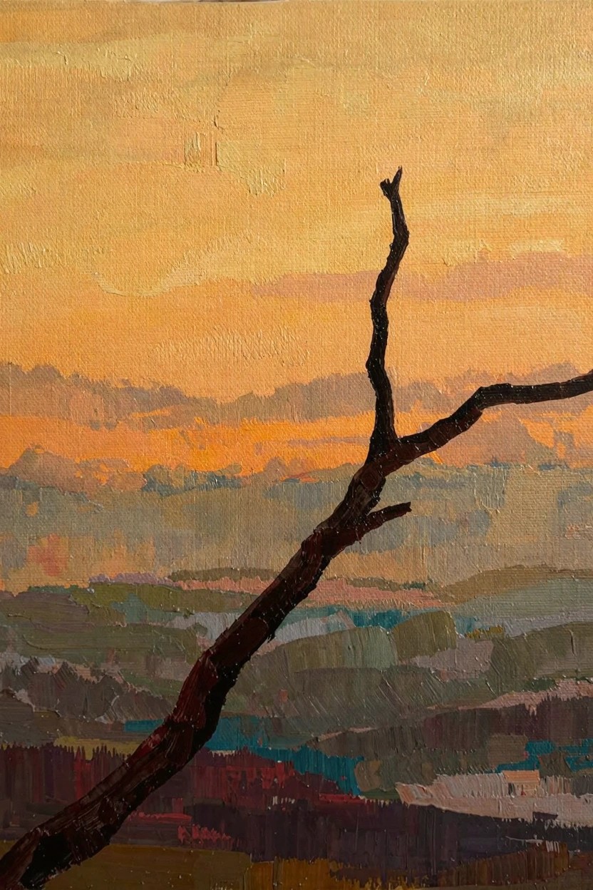Oil painting of a dark bare tree branch diagonally across colorful layered sunset hills in oranges, yellows, greens, and blues.