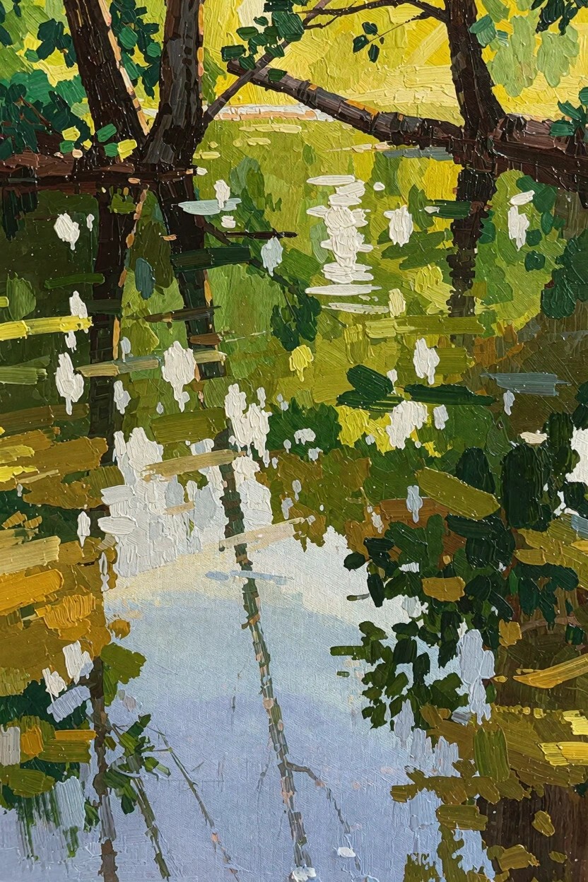 Oil painting of dark green trees with yellow leaves overhanging a reflective green and blue water surface, featuring white light highlights and textured brushwork.