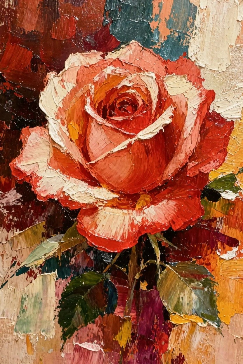 Oil painting of a close-up rose in reds and whites with thick textured brushwork, stem, leaves, and abstract colorful background.