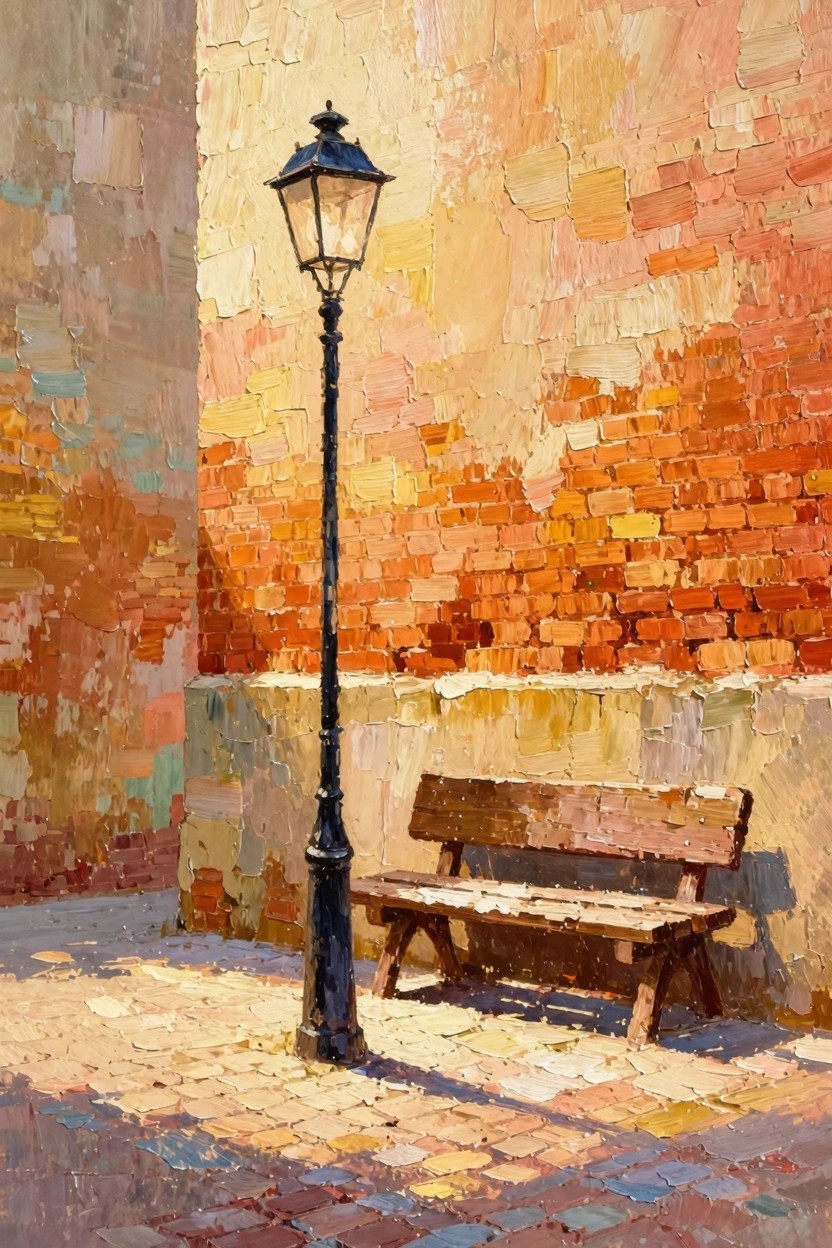 Oil painting of a black lamppost beside a wooden bench in a sunlit brick alley with textured orange walls and shadowed cobblestones.
