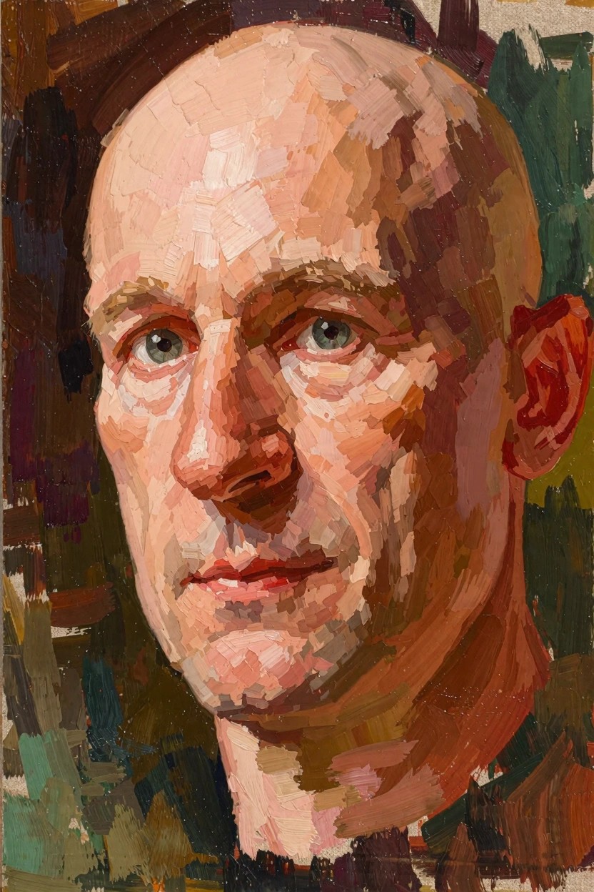 Oil portrait of a bald man with green eyes in thick impasto brushwork using browns, oranges, and greens.