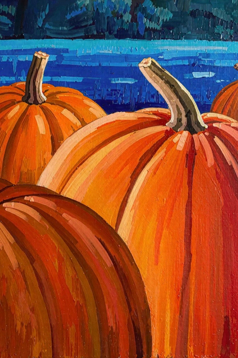 Oil painting of clustered orange pumpkins with stems in front of a blue lake and dark green trees.