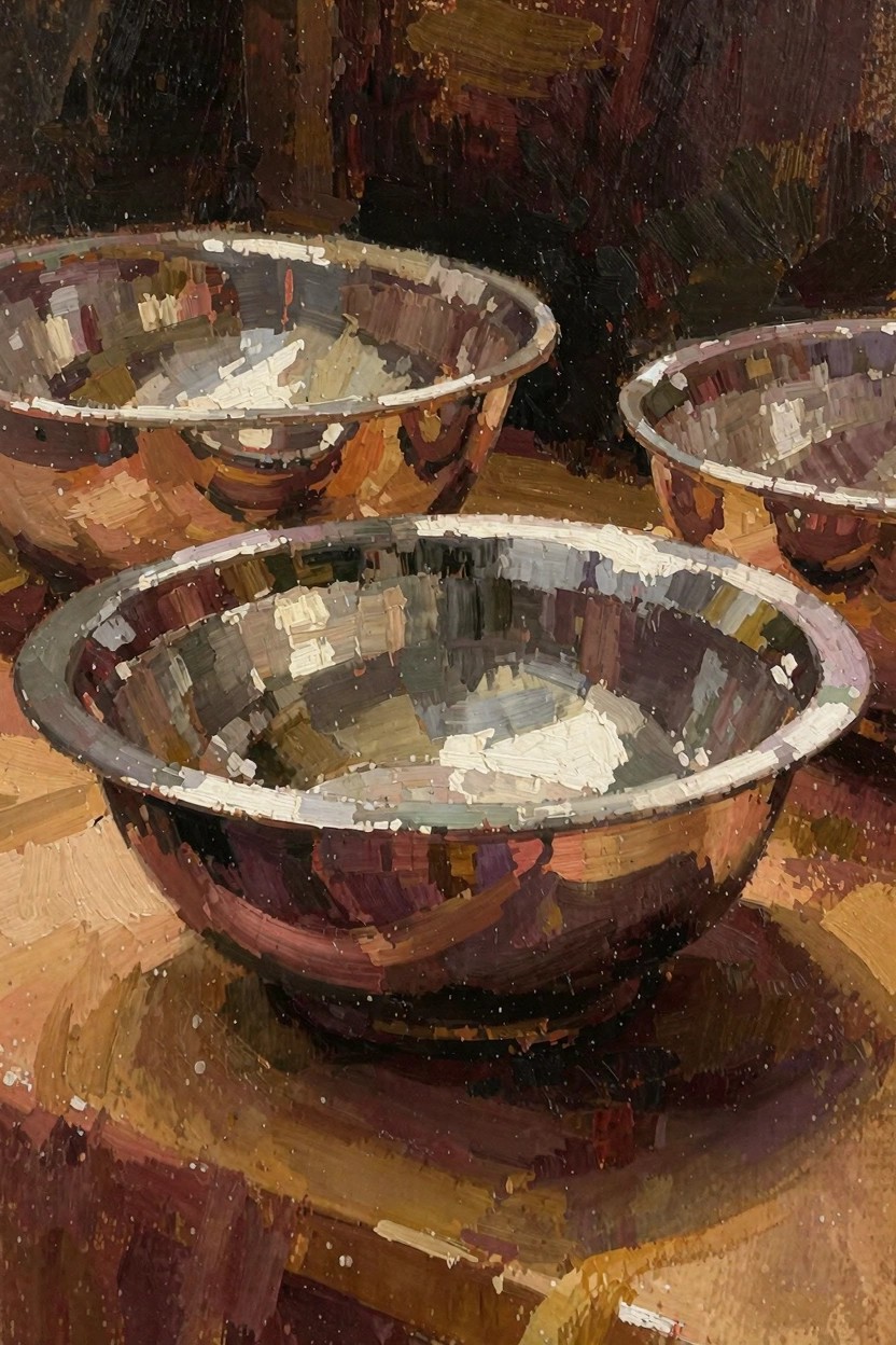 Oil painting of three shiny metal bowls clustered on a textured wooden surface with prominent reflections and impasto brushwork.