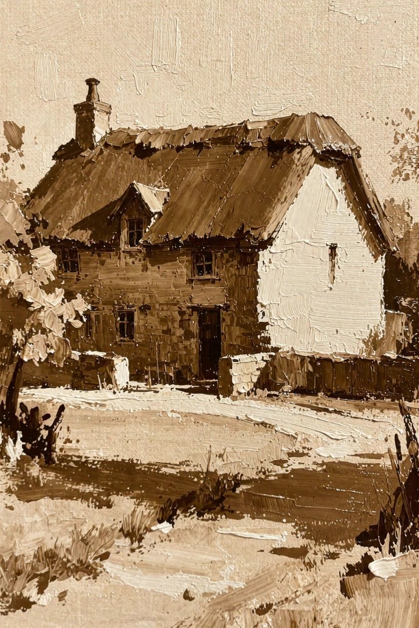 Sepia-toned oil painting of a thatched-roof stone cottage surrounded by trees and a yard.