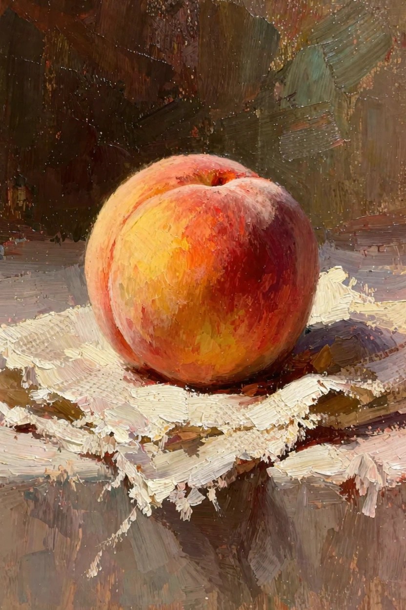 Oil painting of a ripe peach on white cloth against dark background.