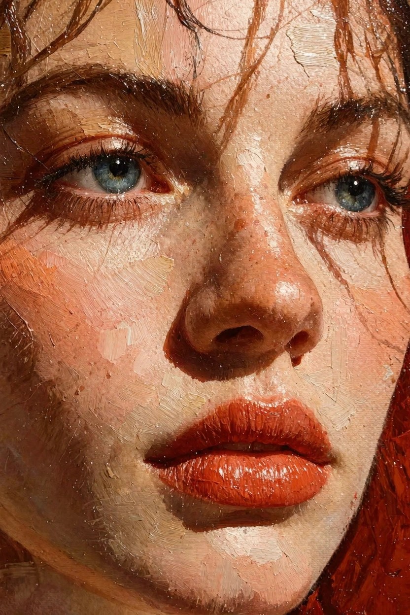 Oil painting close-up of a young woman's face with tousled wet auburn hair, blue eyes, freckles, flushed cheeks, and glossy red lips under side lighting.