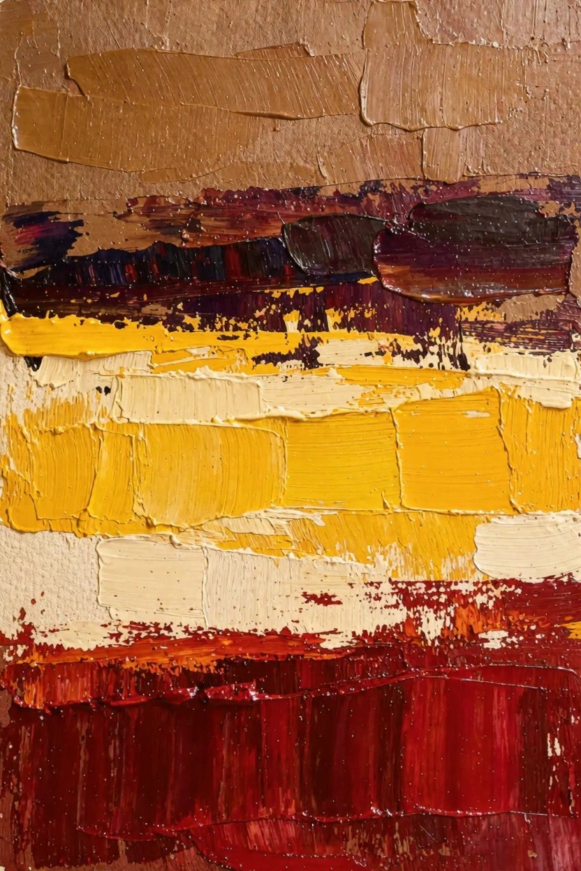 Abstract oil painting of horizontal impasto bands in browns, purples, yellows, creams, and reds.
